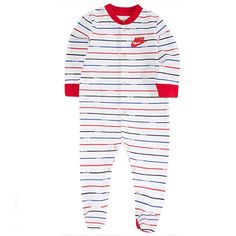 Brand New With Tag Nike Adorable Footed Pajamas Love The Colors White Background, Red And Blue Stripes Size Newborn *Bundle And Save *Check Out My Closet For More Nice Stuff Nike Cotton Onesie For Loungewear, Red Long Sleeve Onesie For Playwear, Red Long Sleeve Onesie For Play, Nike Loungewear Sets, Nike Long Sleeve Loungewear Sets, Playful Red Onesie For Bedtime, Playful Red Bedtime Onesie, White Long Sleeve Sleepwear With Letter Print, Casual White Onesie For Pajama Party