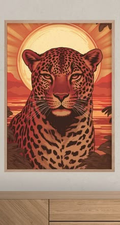 a painting of a leopard in front of a sunset