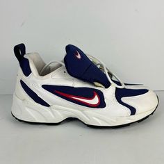 Nike Air Contrail - White And Navy Vtg 90s Deadstock Nike Running Shoes, Womens Size 8.5. In Great Condition, Has Some Yellowing Spots, Great Condition Otherwise, Unworn Comes In Og Box *Disclaimer* 20+ Yr Old Shoes May Be More Fragile And Prone To Damage, Use With Care Please Reference Photos Before Purchasing 90s Running Shoes, Nike 90s Vintage Track, Navy Low-top Running Shoes For Streetwear, Vintage Nike Blue Sneakers, Nike Blue Running Shoes For Marathon, Nike Sneakers Women, Old Shoes, Running Shoes Nike, White Nikes