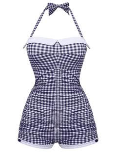 Checked Halter Bowknot One-piece Swimsuit – Retro Stage - Chic Vintage Dresses and Accessories Retro Halter Neck Lined Swimwear, Retro Gingham Swimwear For Summer, Vintage Fitted Halter Neck Swimwear, Retro Fitted Halter Neck Swimwear, Vintage Halter Neck Swimwear For Summer, Retro Halter Neck Fitted Swimwear, Fitted Gingham Sleeveless Swimwear, Fitted Sleeveless Gingham Swimwear, Vintage Halter Neck Swimwear For Beach