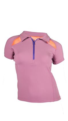 a women's purple shirt with an orange and blue zipper on the chest, in front of a white background