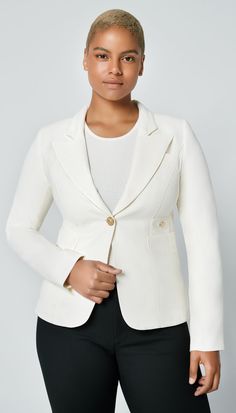 Style Notes: This blazer is quintessentially SMYTHE: refined and perfectly tailored. This timeless classic has been a SMYTHE staple since 2011.Details: Decidedly tailored and one of our top selling silhouettes, this single-breasted blazer features a “cheeky” cut out back vent and brass hardware. Curvy figures may wish to go up a size.Color: IvorySize: Model is 5'11" and is wearing a size 2. Please use the Size Guide to determine your size.Content + Care: 100% Wool. Lining: 100% Cupro Rayon. Dry Timeless Tailored Blazer With Lapel Collar, Timeless Blazer With Lapel Collar And Hidden Button Closure, Timeless Blazer With Button Closure, Tailored Timeless Blazer With Lapel Collar, Timeless Long Sleeve Single Button Blazer, Timeless Blazer With Hidden Button And Suit Collar, Elegant Single Breasted Sport Coat With Lapel Collar, Elegant Single Button Sport Coat For Work, Timeless Single Breasted Blazer With Lapel Collar