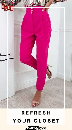 Button High Waist Trouser Pants Trendy Solid Color Trousers, Pink Wide-leg Bottoms With Button Closure, Summer Business Casual Pants With Buttons, Business Casual Summer Pants With Buttons, Spring Office Pants In Solid Color, Spring Solid Dress Pants With Buttons, Solid Spring Dress Pants With Buttons, Trendy Solid Color Workwear Pants, Spring Dress Pants With Buttons