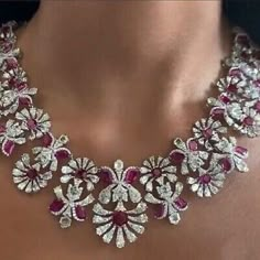 925 Sterling Silver Necklace Her Cubic Zirconia Floral Statement Design Jewelry | eBay Beautiful Diamond Necklace, Ruby And Diamond Necklace, Bridal Diamond Necklace, Indian Wedding Jewelry Sets, Real Diamond Necklace, Neck Pieces Jewelry, The Bling Ring, Jewellery Design Sketches, Diamond Necklace Designs