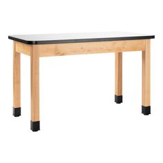 a wooden table with black top and legs