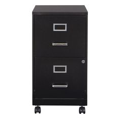 a black filing cabinet with two drawers on wheels