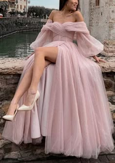 [$149.00] Princess Off-the-Shoulder Sweep Train Tulle Prom Dress With Pleated Split Corset Dress Formal, Minimal Stil, Ben Ben, Prom Dresses Off The Shoulder, Split Prom Dresses, Prom Dress Inspo, Prom Dress Ideas, Prom Inspo, Corset Dress Prom