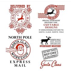 six different types of santa claus stickers on white paper with red and black lettering