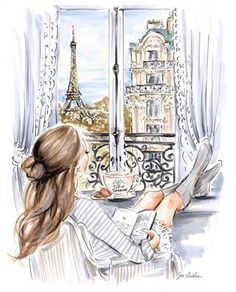 a drawing of a woman sitting in front of a window looking out at the eiffel tower