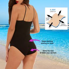 Not your basic one-piece swimsuit. The InstantFigure One-Piece Swimsuit features figure-hugging princess seams and a booty-lifting seam at the waist. With dainty adjustable spaghetti straps, a full-coverage derriere, a shelf bra, and a modest leg opening, this timeless swimsuit offers both style and support. Look and feel great at your next poolside, beach, or swim event. The 4-way stretch compression fabric in this one-piece swimsuit is slimming, smooth, and comfortable. FEATURES: Full Coverage Fitted One Piece Swimsuit With Built-in Bra For Pool, Sculpting Backless Swimwear With Built-in Bra, Beach Shapewear With Built-in Bra, Fitted Lined Body Shapewear For Beach, Shapewear Swimwear With Underwire, High Stretch Swimwear For Swimming In Shapewear Style, High Stretch Underwire Swimwear Shapewear, Shaping Underwire Swimwear Shapewear, High Stretch Shapewear Swimwear With Underwire