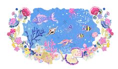 an underwater scene with fish, seaweed and other marine life on a blue background