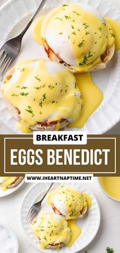 breakfast eggs benedict with hollandaise sauce on a white plate next to a fork and knife