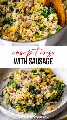 one pot orzo with sausage and spinach is an easy dinner that's ready in less than 30 minutes