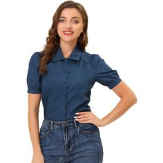 This shirt is suitable for office, work, seminar, or anywhere requiring formal wearing, and easy to easy-to-match skirt, jeans, or any pants. Create a chic style for your daily career wardrobe with this work shirt. A basic button-up firm shirt with elegant looking, stylish, and feminine. A chic and feminine short-sleeve blouse with a spread collar brings instant romance to any look. Puff Sleeve Shirt With Button Closure For Work, Solid Blouse With Back Button Closure For Business Casual, Business Casual Solid Blouse With Back Button Closure, Office Shirt With Puff Sleeves And Button Closure, Office Puff Sleeve Cotton Shirt, Blue Office Lady Blouse For Workwear, Puff Sleeve Shirt For Work, Solid Office Lady Tops With Button Closure, Blue Workwear Blouse With Back Button Closure