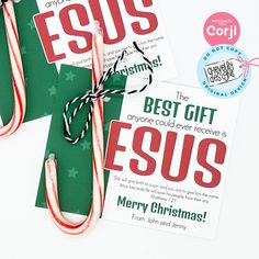 Introduce a way to cherish the true meaning of Christmas with this editable candy cane printable. The sweetest gift this Christmas season is indeed the gift of Jesus, and this printable helps to convey that message beautifully. Ideal as a meaningful gift for classmates or children's church students, it encourages them to focus their hearts on the reason for the season. ★ EDIT RIGHT IN YOUR BROWSER!Print your own Referral Marketing Tags! This template is easy to edit using our design application Jesus Candy Cane, Candy Cane Printable, Gift For Classmates, School Christmas Gifts, Classmates Gifts, Green Candy Canes, Referral Marketing, The True Meaning Of Christmas, Green Candy