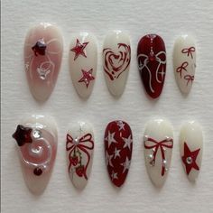 cute nail set (red and white) Wedding Nails Chrome, Gel Nails Floral, Nails Rabbit, Rabbit Nails, Magic Bow, Chrome Almond, Nails Floral, Luxury Press On Nails, Nails Chrome