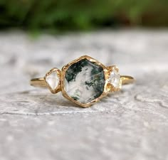 Moss Agate and Herkimer diamond ring in 18k Gold setting Raw Gemstone Ring Engagement, Engagement Rings Dark Stone, Moss Agate Gold Engagement Ring, Moss Agate Hexagon Ring, Raw Moss Agate Ring, Simple Earthy Wedding Rings, Engagement Ring Inspiration Unique, Raw Engagement Rings, Wedding Ring Gemstone