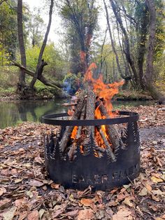 a fire pit sitting on top of leaf covered ground next to a river with trees in the background