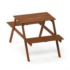 a wooden picnic table with two benches underneath it