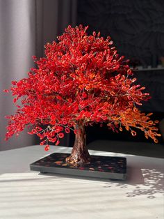 a small red tree sitting on top of a table