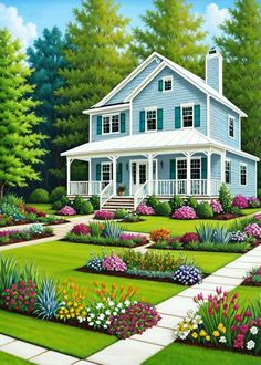 a painting of a house in the middle of a garden with flowers and plants around it