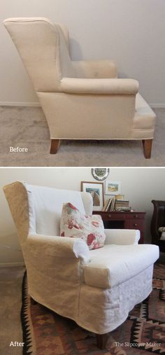 before and after photos of a white chair