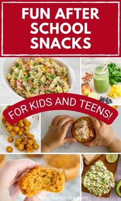 kids and teens are eating snacks with the text fun after school snacks for kids and teens