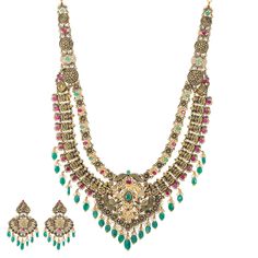 Enhance your cultural or traditional wear with Virani Jewelers' 22k antique gold and gemstone jewelry set. This opulent antique temple jewelry set, a masterpiece of Indian jewelry, exudes timeless elegance. The intricate detailing, featuring an engraved depiction of an peacocks and deities, imparts an aura of sacred charm. Crafted in radiant 22k antique gold, each piece of antique gold jewelry included in the set is a testament to artistry and precision. Wearing this jeweled gold necklace and ea Peacock Jewelry, Temple Jewelry, Antique Gold Jewelry, Ruby Emerald, Temple Jewellery, Traditional Wear, Peacocks, Indian Jewelry, Antique Gold