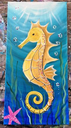 a painting of a yellow sea horse in the ocean with bubbles and starfishs