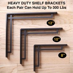 three shelf brackets are shown with measurements for each pair and the number is 10 inches long