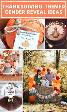 Fall and Thanksgiving gender reveal ideas. November Gender Reveal Themes, Pumpkin Baby Reveal Ideas, Gender Reveal Ideas Thanksgiving Theme, Unique Gender Reveal Themes Fall, Thanksgiving Theme Gender Reveal, Gender Reveal Thanksgiving Theme, Thanksgiving Gender Reveal Party, November Gender Reveal Ideas For Party, Turkey Gender Reveal Ideas