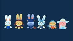 several cartoon characters are lined up in the same row on a dark blue background, one is