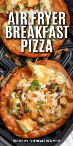 air fryer breakfast pizzas with cheese and bacon on the top are ready to be eaten