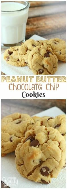 peanut butter chocolate chip cookies on a white napkin with a glass of milk in the background