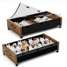 two wooden boxes filled with different types of stuffed animals in them, one open and the other closed