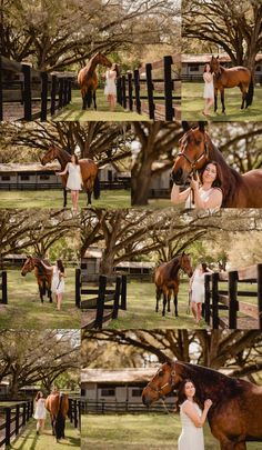 a woman standing next to a brown horse