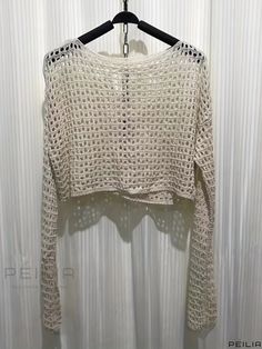 Peilia - Premium Womens Crochet Knitted Long-Sleeve Crop Top Ideal for Spring and Summer Vacation Casual Wear Beige Long Sleeve Crochet Top With Open Knit, Beige Long Sleeve Open Knit Crochet Top, Knit Top With Crochet Lace Crew Neck, Casual Crochet Lace Knit Sweater, Crochet Lace Knit Top With Crew Neck, Crew Neck Knit Top With Crochet Lace, Casual Knit Sweater With Crochet Lace, Casual Crochet Lace Crew Neck Sweater, Beige Long Sleeve Knitted Crochet Top