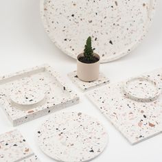 white and black speckled coasters with a potted plant