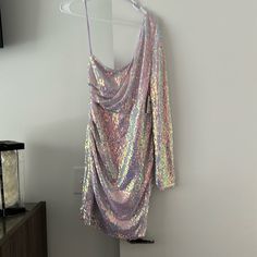 Lavender Glamorous Purple One Shoulder Dress, Glamorous Purple One-shoulder Dress, Glamorous Lavender Dresses, Purple One-shoulder Party Dress, One-shoulder Purple Party Dress, Lavender Sequin Evening Dress, Spring Purple Sequin Dress For Night Out, Purple Sequin Mini Dress For Spring, Purple Sequin Dress For Spring Night Out