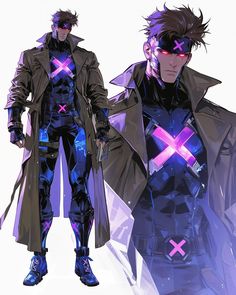 two male characters dressed in futuristic garb, one with purple eyes and the other with black hair