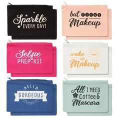 six different colored makeup bags with words on them