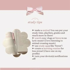 an open book with a pink bow on it and the words study tips written below