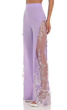 Lavender Wide Leg Pants, Elegant Purple Long Pants, Elegant Long Purple Pants, Purple Party Trousers, Purple Wide-leg Pants For Party, Lavender Trousers For Spring, Full Length Purple Pants, Lavender Full-length Fitted Bottoms, Lavender Fitted Full-length Bottoms