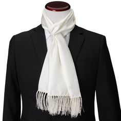 Every man needs a simple but elegant white scarf for formal events, and this one has the added luxury of being crafted from 100% Silk. The expert craftsmanship of our 100% Silk scarf holds your preferred style without slipping or having to adjust. Pairs beautifully with any necktie, bow tie, or outfit, making it a versatile piece that can be worn for both professional and formal occasions. Classic Silk Scarves For Gift, Classic Silk Scarves As A Gift, Elegant Ties For Black Tie Events, Luxury Silk Scarves For Formal Occasions, Elegant Silk Scarves For Formal Occasions, Elegant Cream Standard Tie, Classic Silk Scarf As A Gift, Classic Neckwear For Gifts, Elegant Silk Scarves For Business