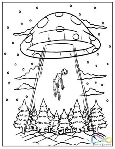 an alien floating in the sky with trees and stars around it, coloring page for kids