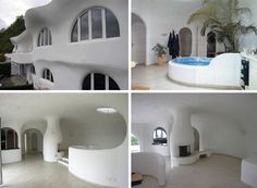 three pictures of the inside of a house with white walls and floors, including an oval swimming pool