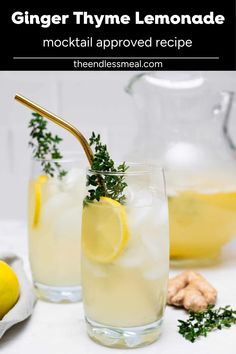 two glasses filled with lemonade and garnished with herbs