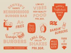 an orange and white poster with different types of burgers, hotdogs, and other food items