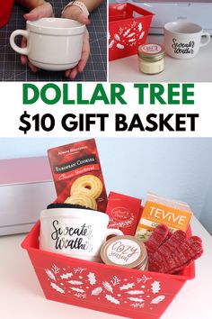 dollar tree $ 10 gift basket with coffee mugs, cookies and other holiday treats