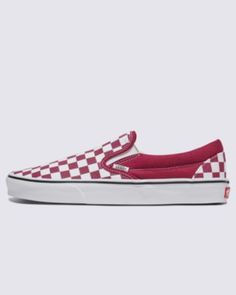 The Trend-Setting Slip-On Recharged by Bold, Fresh ColorsThe Color Theory Collection allows you to create a unique color story by pairing vibrant, unexpected hues with our iconic footwear styles. Made with an old school cotton canvas upper featuring our signature checkerboard print, this seasonal Classic Slip-On Checkerboard honors our legendary laceless silhouette while offering a fresh look that boosts the appeal of this laid-back shoe. Iconic Slip-On shoe Low profile cotton canvas uppers with classic checkerboard print Color Theory seasonal colorway Supportive padded collars Elastic side accents Signature rubber waffle outsoles | Vans Classic Slip-On Checkerboard Shoes (Rhododendron Red) - 8.0 Men/9.5 Women Slip On Vans, Vans Slip On, Color Story, Unisex Shoes, Vans Classic Slip On, Fresh Look, Vans Classic, Color Stories, Color Theory